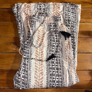 Angie Flare Pant Womens Large Ivory Black Boho Geometric Tassel Wide Leg NEW